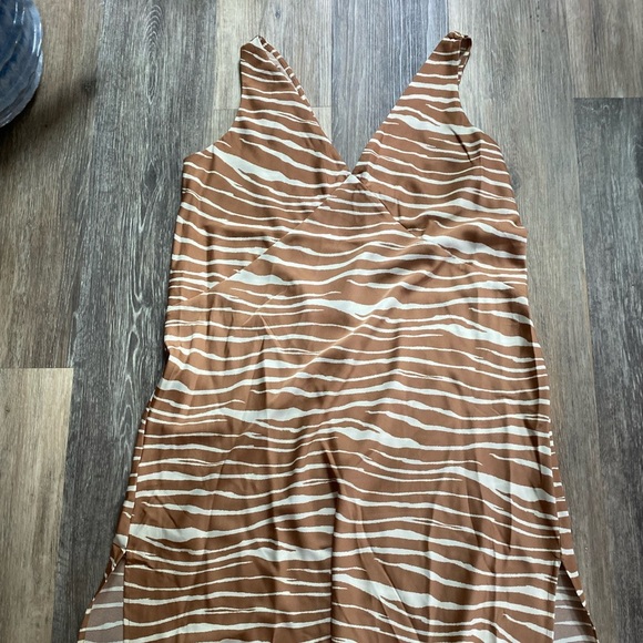 Satin Zebra Print V Neck Silk Sleeveless Slip Dress Brown White Large Slouchy - Picture 1 of 5